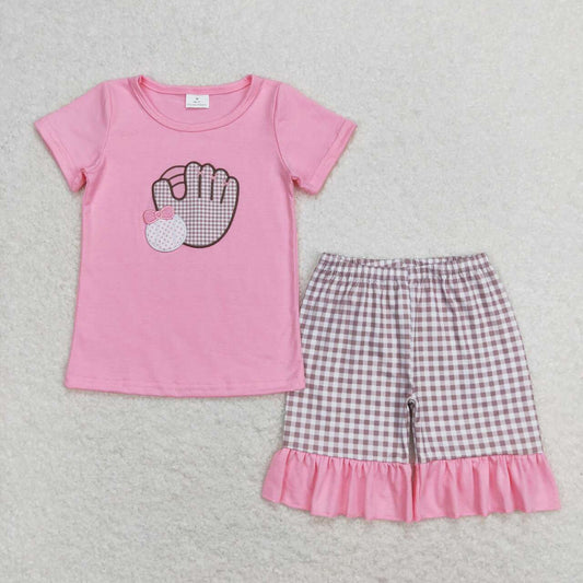 Pink Embroidered Baseball Plaid Girls Suit