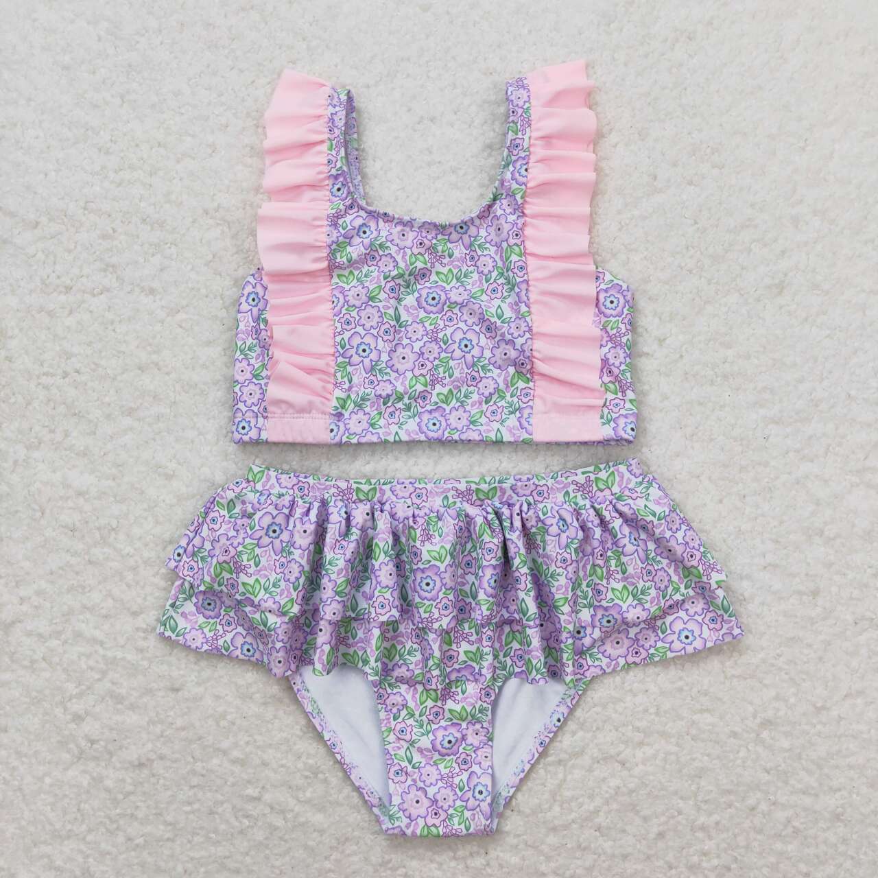 2pc Purple flower print short sleeve Swimsuit