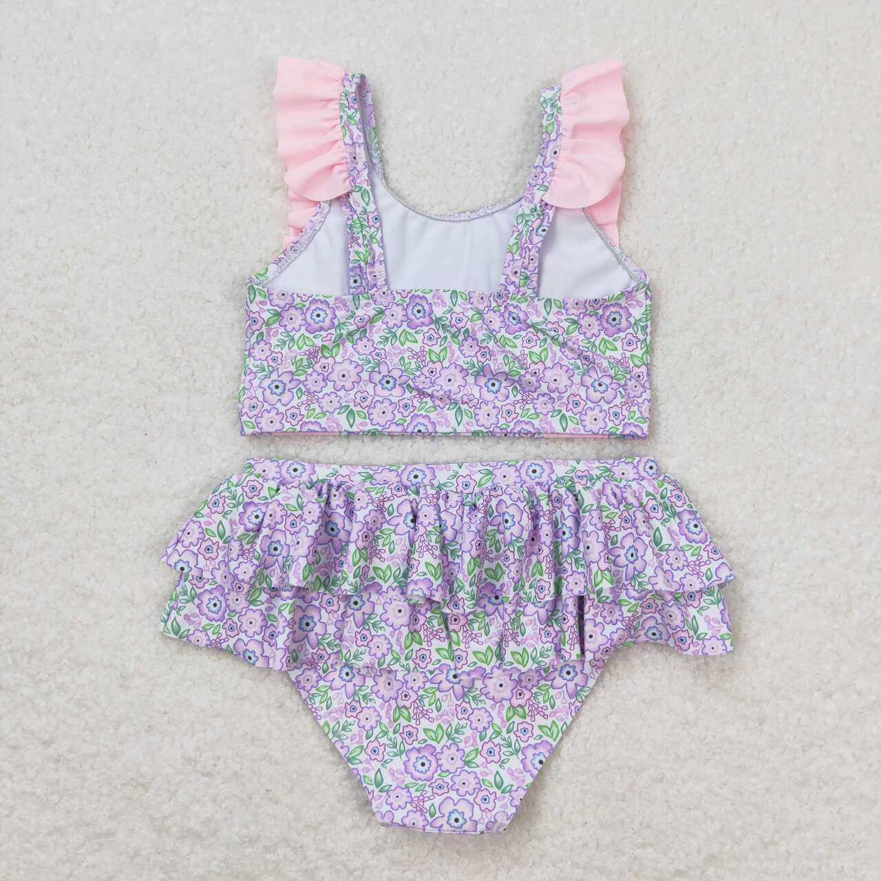 2pc Purple flower print short sleeve Swimsuit