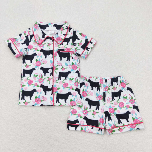 pink flower cow Short Sleeve Short Pajamas