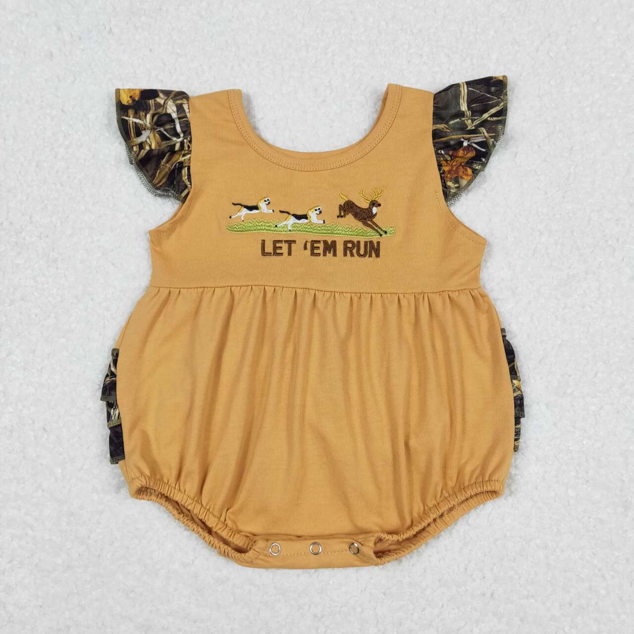 brown let run embroidery camo print Baby Romper