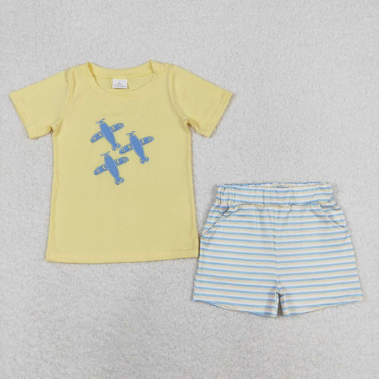 Yellow embroidered airplane short sleeve boy set