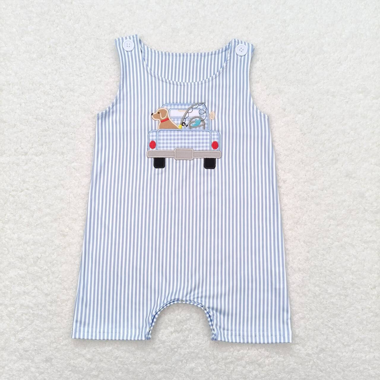 Blue stripe embroidery Car print Baby Romper