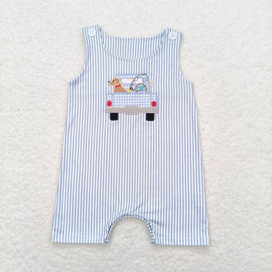 Blue stripe embroidery Car print Baby Romper