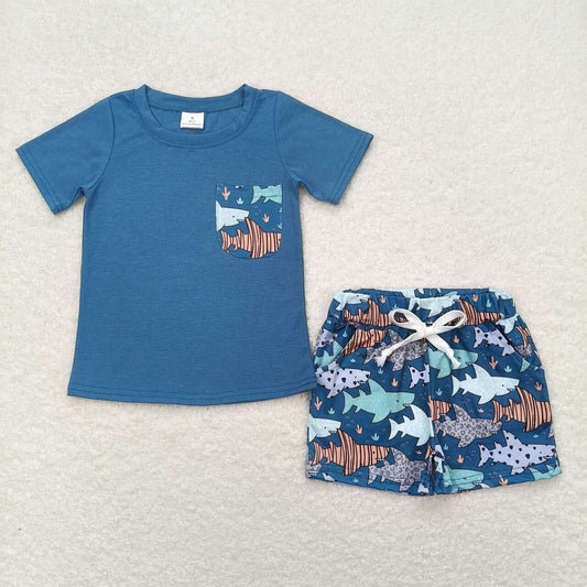 Blue Fish print short sleeve boy set