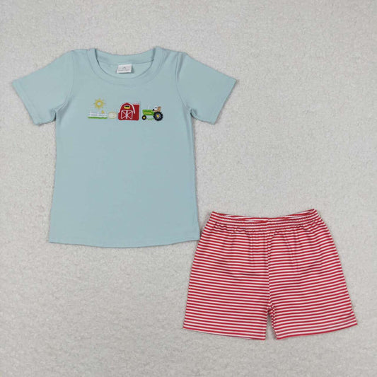 Blue Embroidered farm Stripe Boy Set