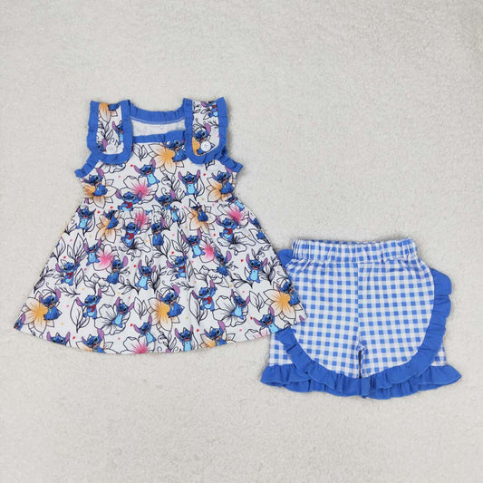 Blue cartoon shorts print Girls Suit