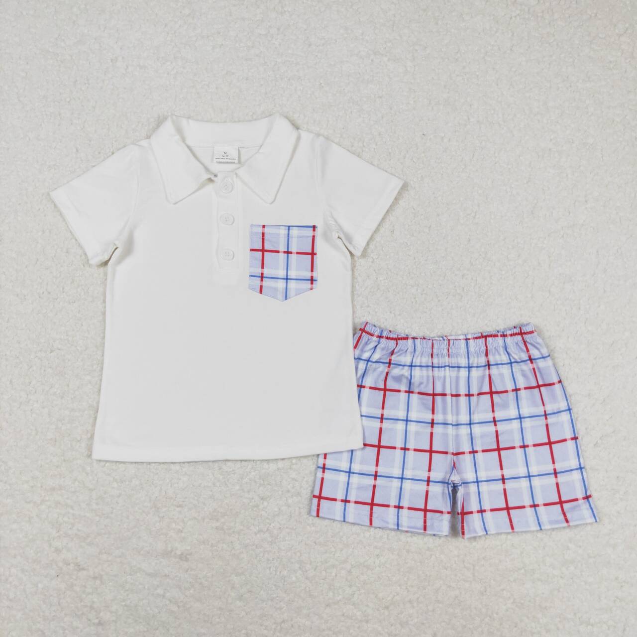 White top and blue plaid shorts boy set