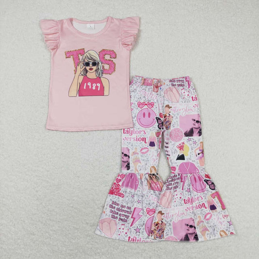 Pink Cartoon Bell pants Girls Set