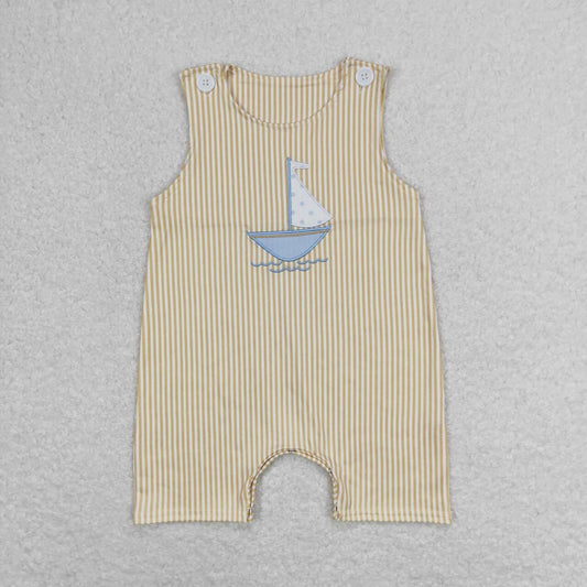 Khaki striped sailboat sleeveless Baby Romper