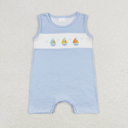 blue striped sailboat sleeveless Baby Romper