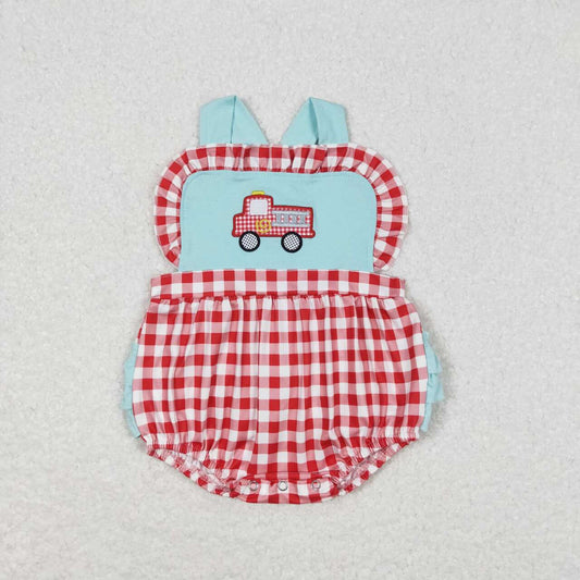 embroidery Car Red Plaid print Baby Romper