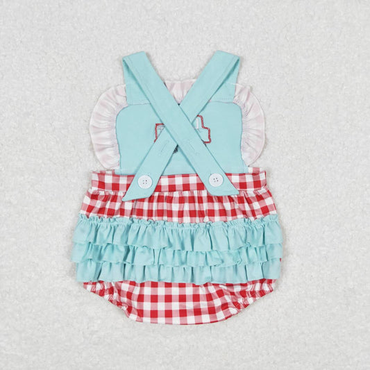 embroidery Car Red Plaid print Baby Romper