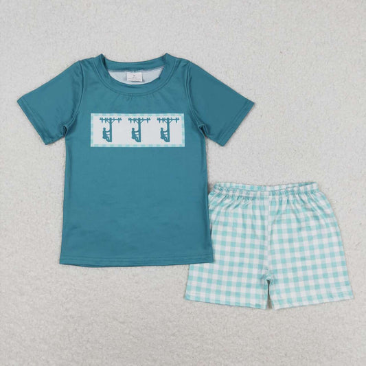 Blue top plaid shorts boy set