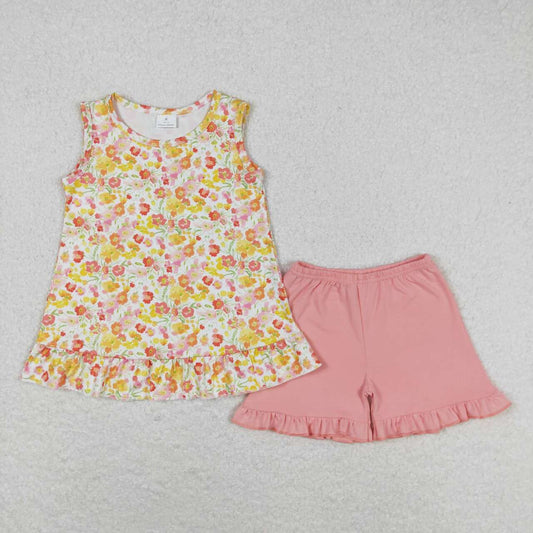 Orange floral sleeveless shorts print Girls Suit