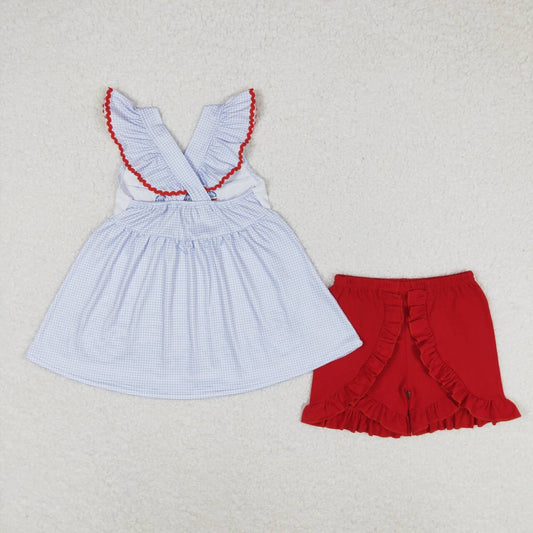 July Of 4th Dot Embroidered Flag Girls Suit Summer Set