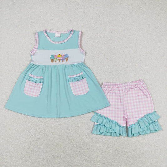 Blue ice cream embroidered sleeveless with pockets Girls Suit