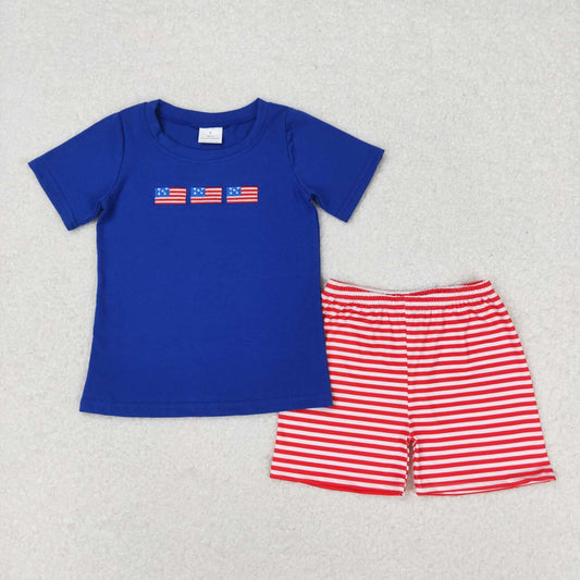 July Of 4th Embroidered Blue flag Boy Suit Summer Set