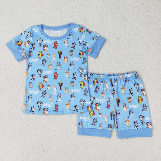 Blue Cartoon dog shorts boy set