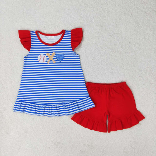 blue striped embroidered baseball Girls Suit