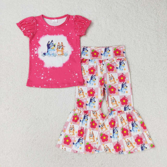 Pink Cartoon dog flower Girls Set