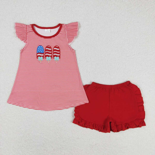 July of 4th Red striped embroidered popsicle Girls Suit