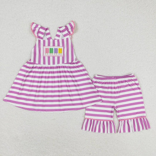 Purple striped embroidered popsicle Girls Suit