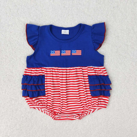 july of 4th red stripe flag embroidered Baby Romper