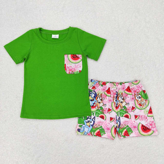 Green watermelon cartoon dog print short sleeve boy set
