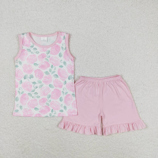 pink floral sleeveless print shorts Girls Suit