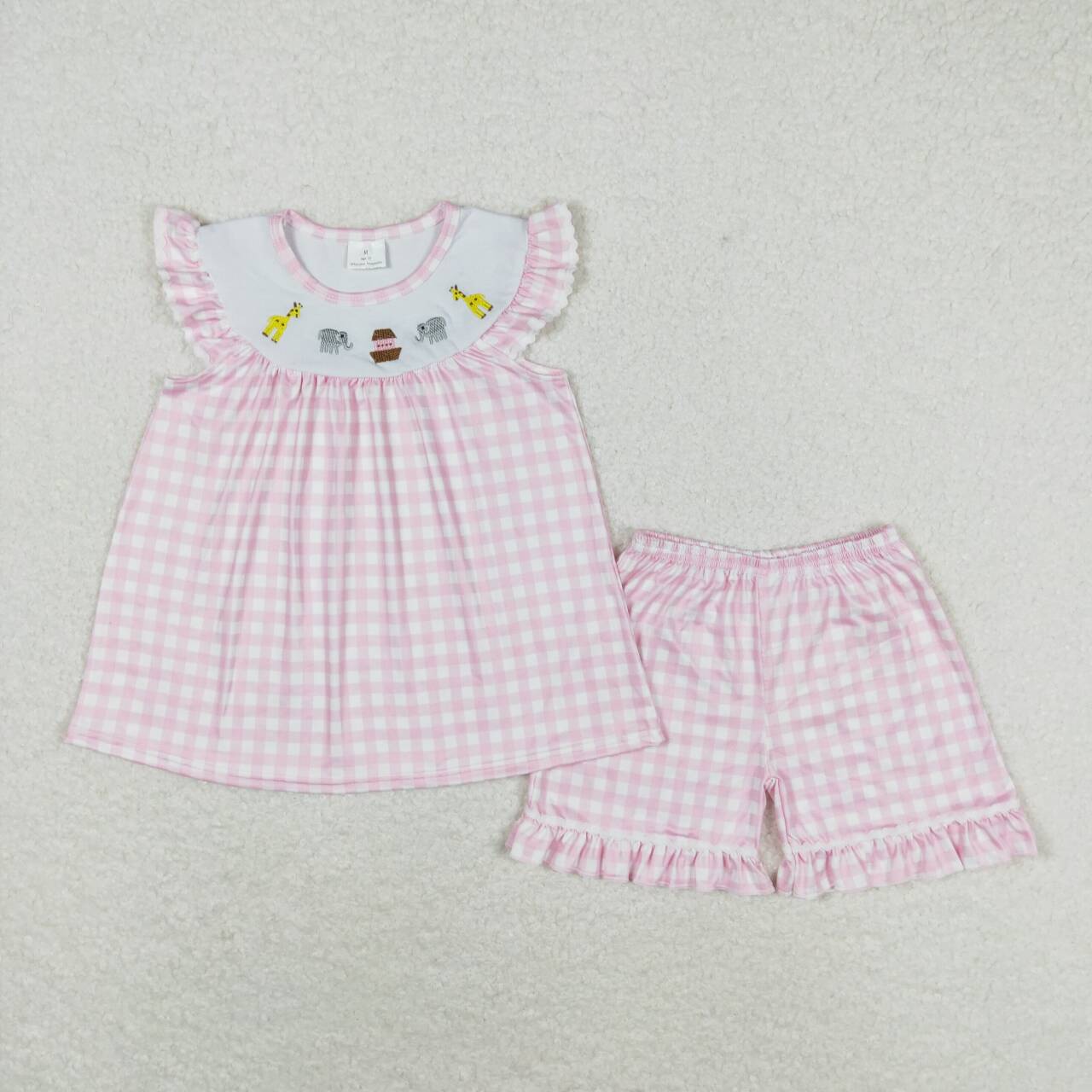 Pink Plaid Embroidered Giraffe Girls Suit