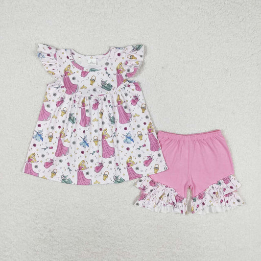 pink Cartoon shorts print Girls Suit