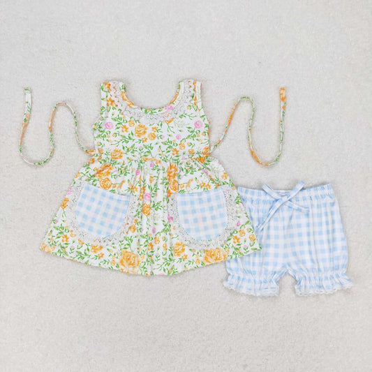 Orange floral sleeveless with blue pockets shorts Girls Suit