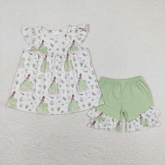 Green Cartoon shorts print Girls Suit