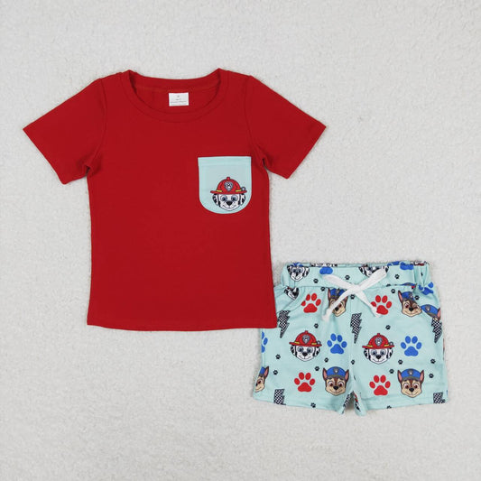 Red Cartoon print short sleeve boy set