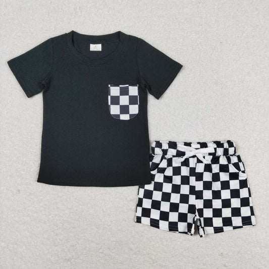 Black top and black and white plaid print short sleeve boy set