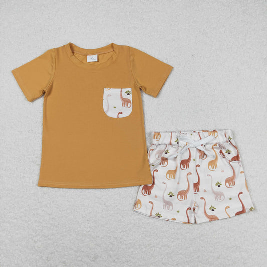 brown dinosaur print short sleeve boy set