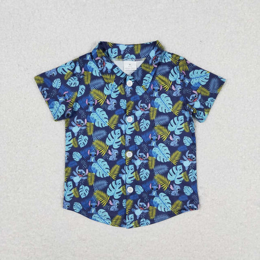 blue leaves print With Button Boy Shirt