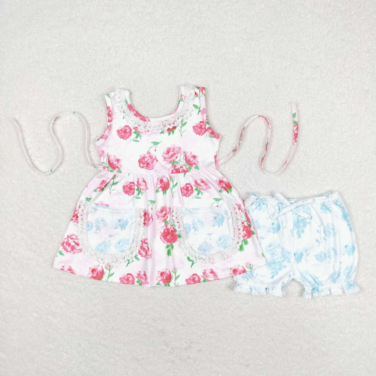 Pink floral sleeveless with blue pockets shorts Girls Suit