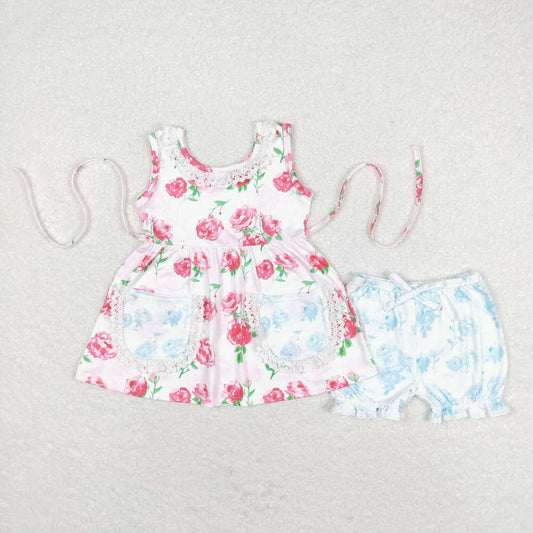 Pink floral sleeveless with blue pockets shorts Girls Suit