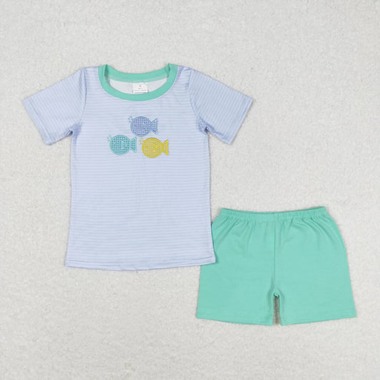 blue stripe embroidery fish print Boy Set