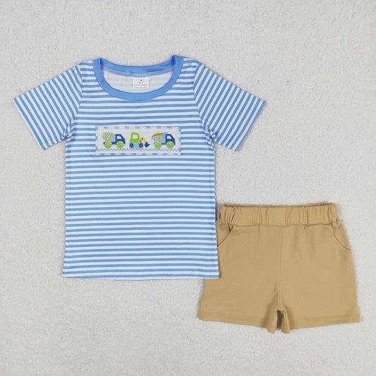 blue stripe embroidery vehicle print Boy Set