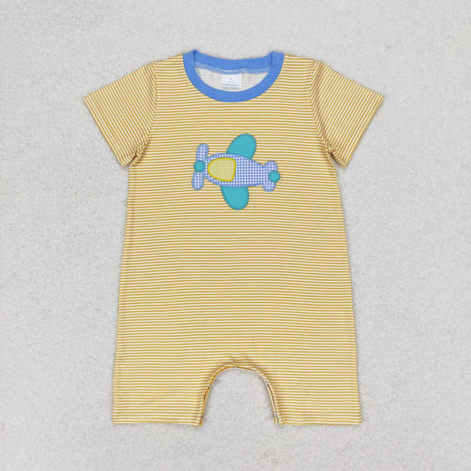 yellow stripe embroidered airplane print Baby Romper