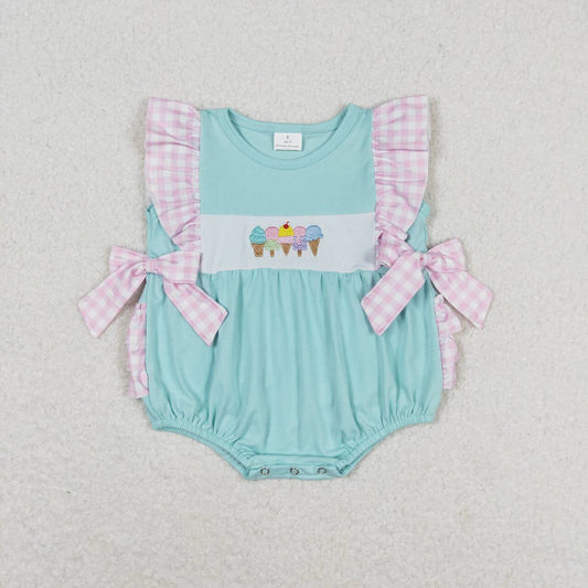 Blue embroidered ice cream pink plaid Baby Romper