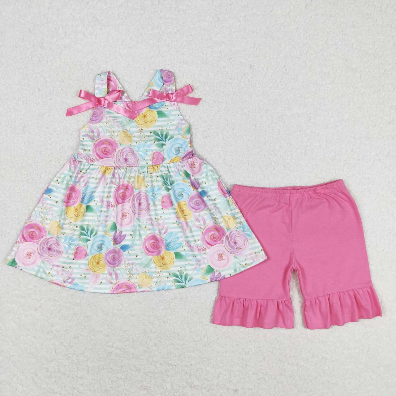 Pink flower print short sleeve Girls Set