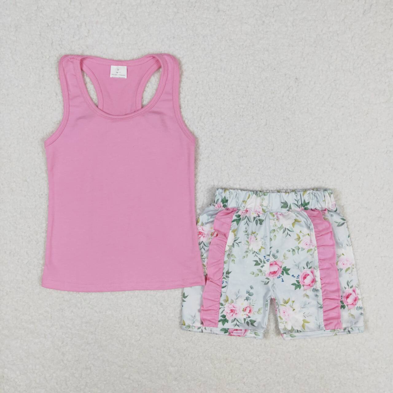 Pink flower print short sleeve Girls Set