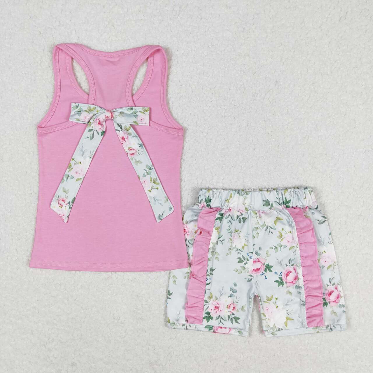 Pink flower print short sleeve Girls Set