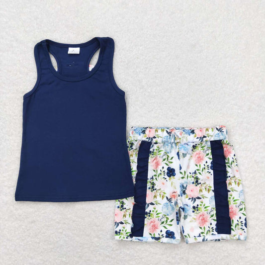 Navy flower print short sleeve Girls Set