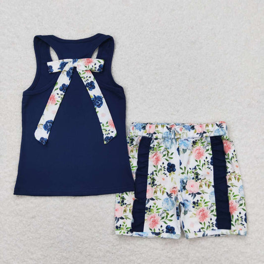 Navy flower print short sleeve Girls Set