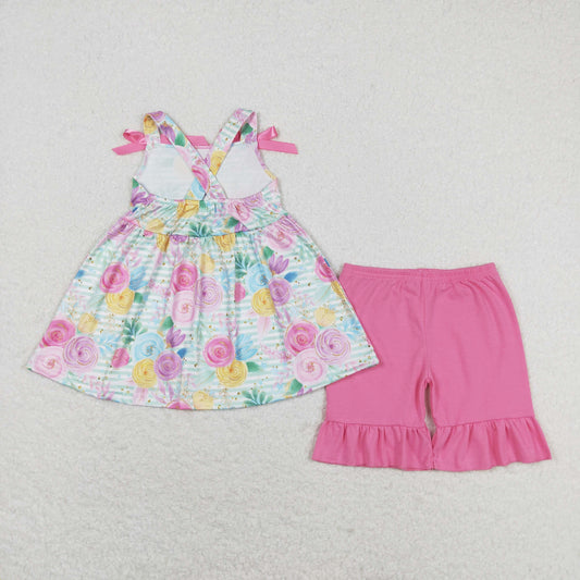 Pink flower print short sleeve Girls Set